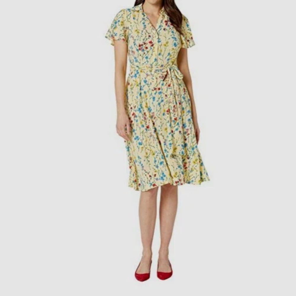 London Times Floral Button Front Tie Waist Midi Dress Yellow and‎ Blue Sz 16